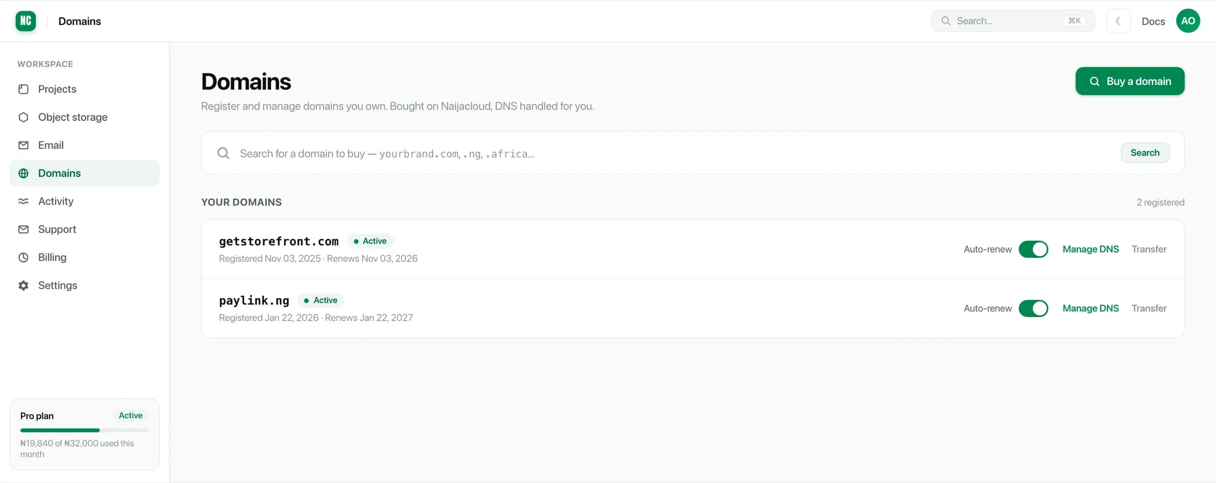 The domains page listing registered domains with auto-renew toggles and manage DNS actions