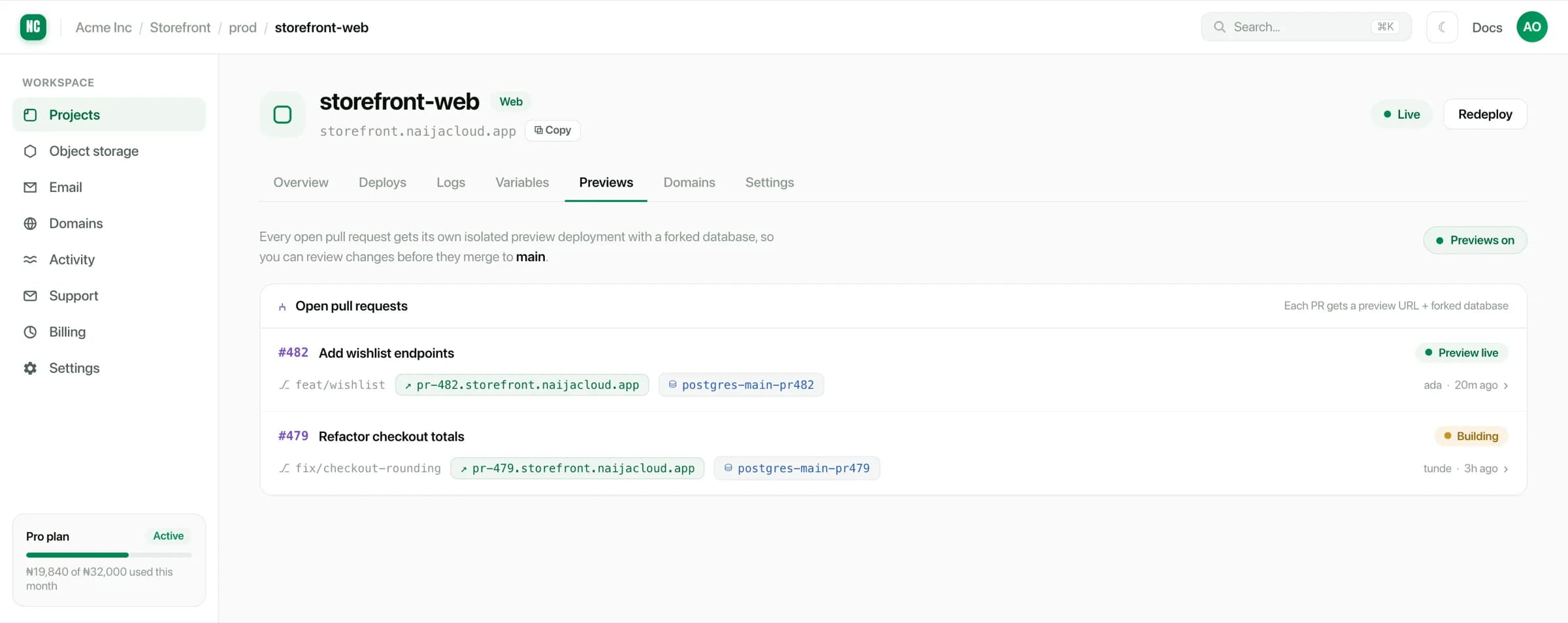 The previews tab listing open pull requests, each with a preview URL and a forked database