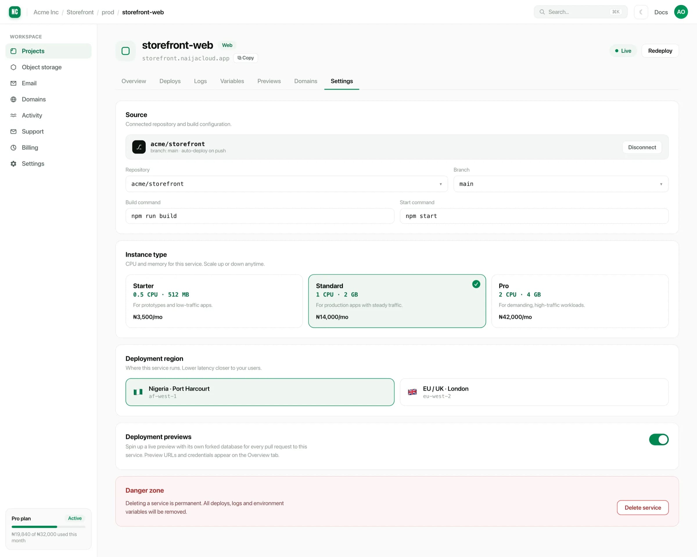Service settings showing the connected source with its branch, alongside instance type and region cards