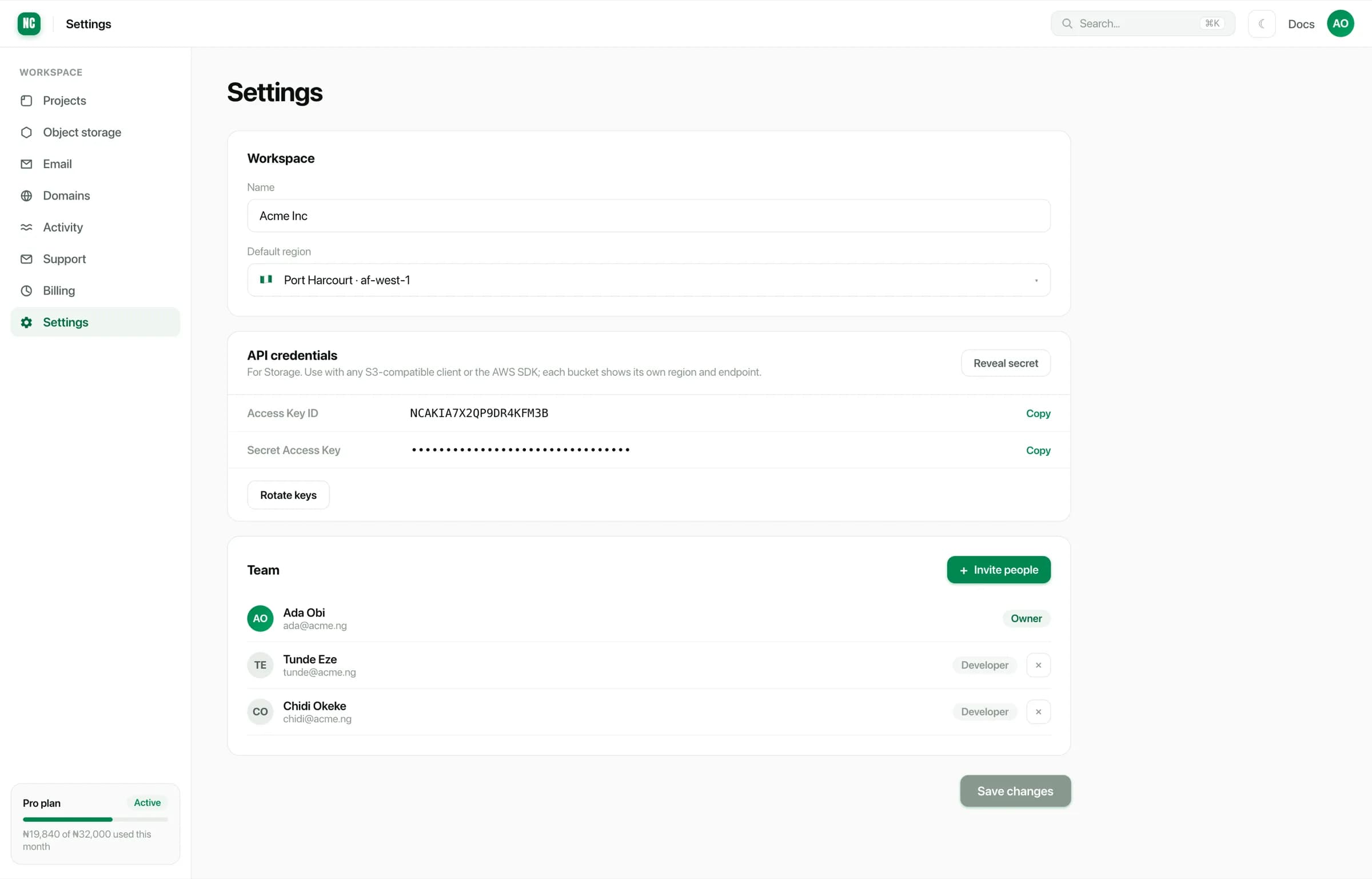 Workspace settings showing the workspace name, default region, storage access keys, API keys and team members
