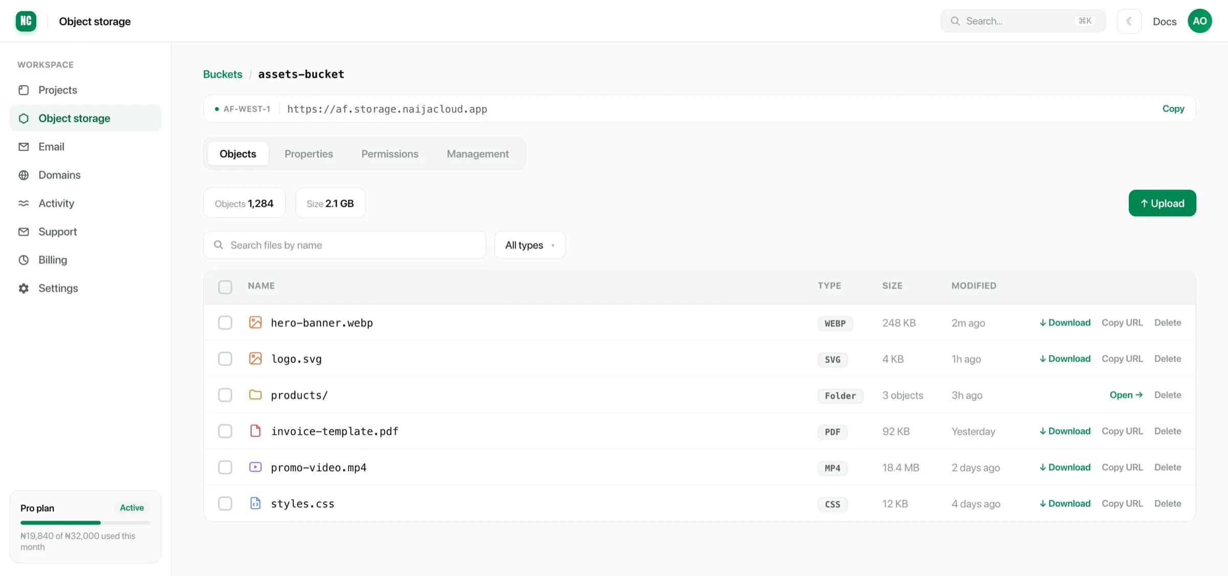 A bucket's object list showing files with type badges, sizes and modified times, plus a folder and per-row download, copy URL and delete actions