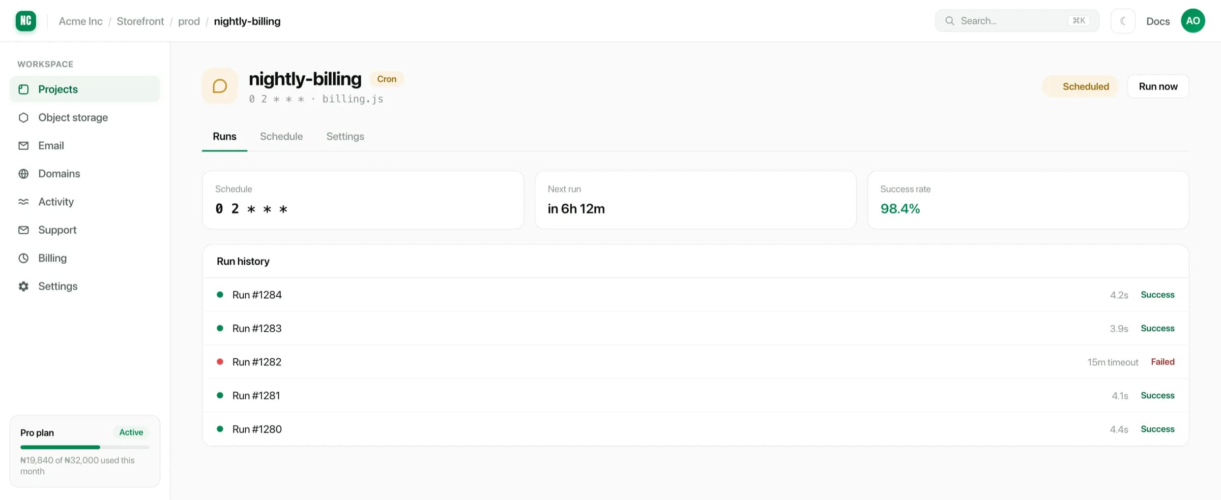 A cron job's detail page showing its schedule, next run and recent run history