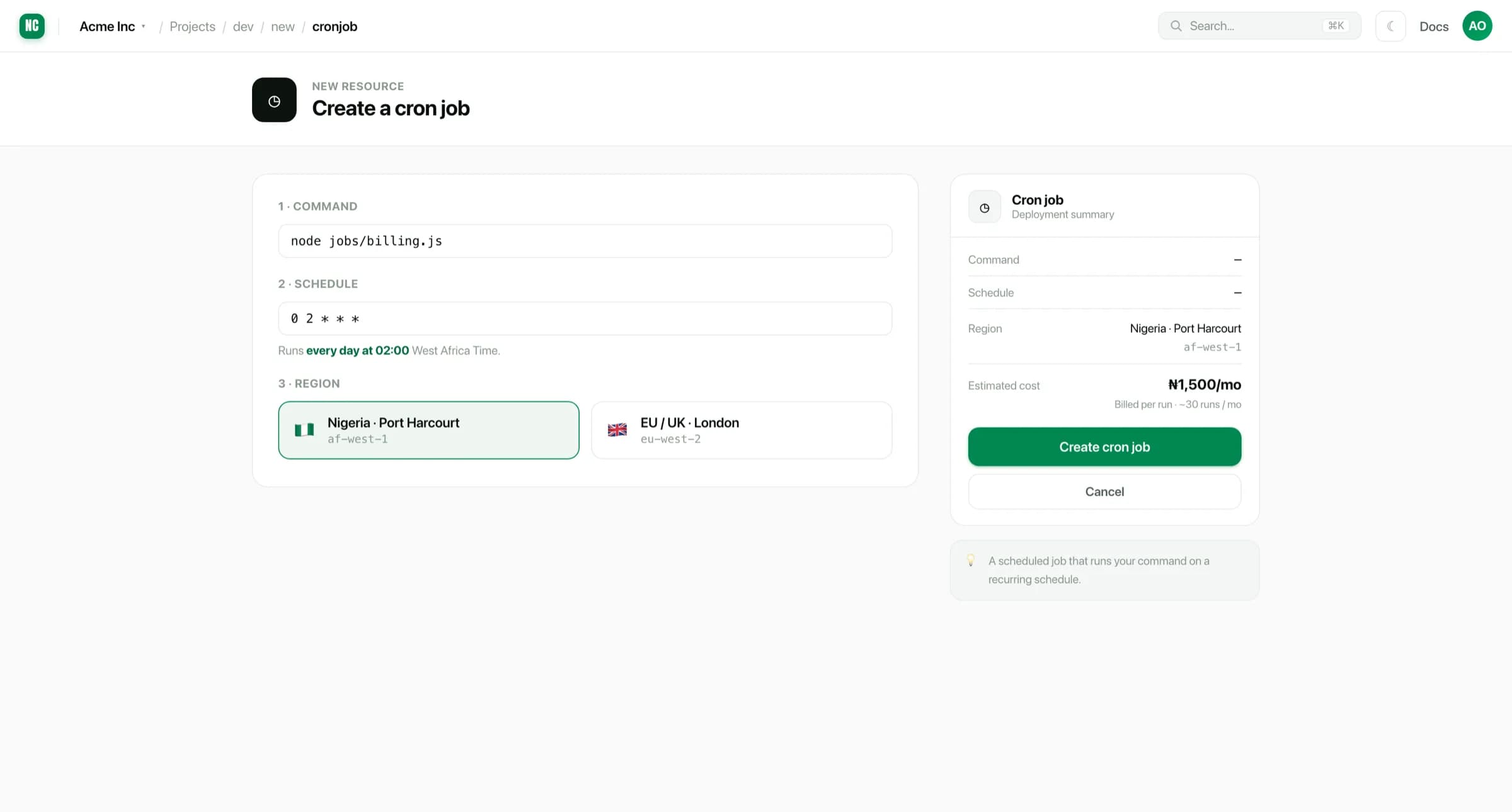 The cron job creation form, with source, schedule and command fields