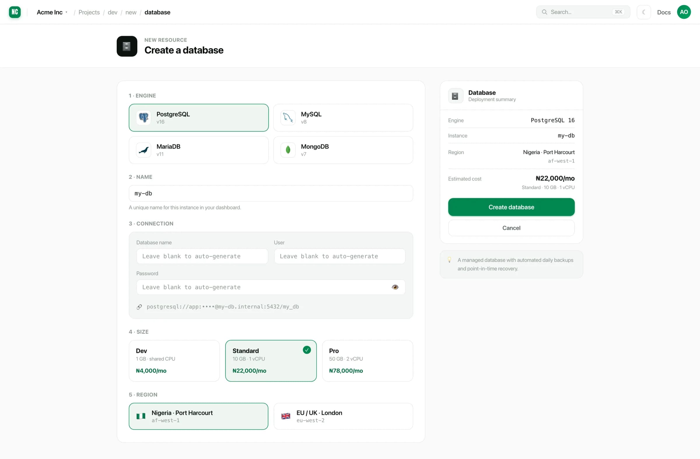 The create a database form, with engine, name and region, and a summary panel showing the estimated cost