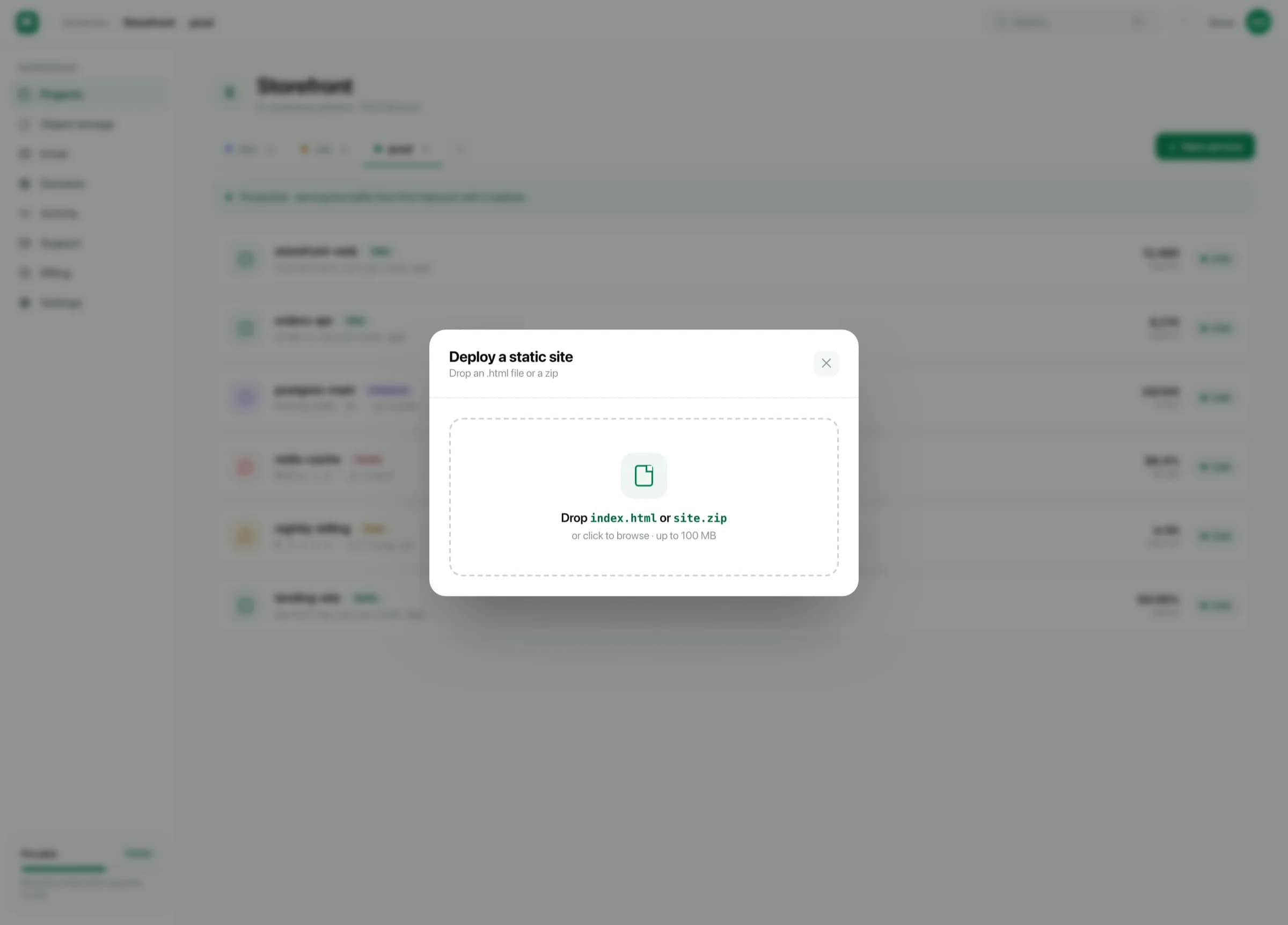 The static site creation form, with source, build command and publish directory fields