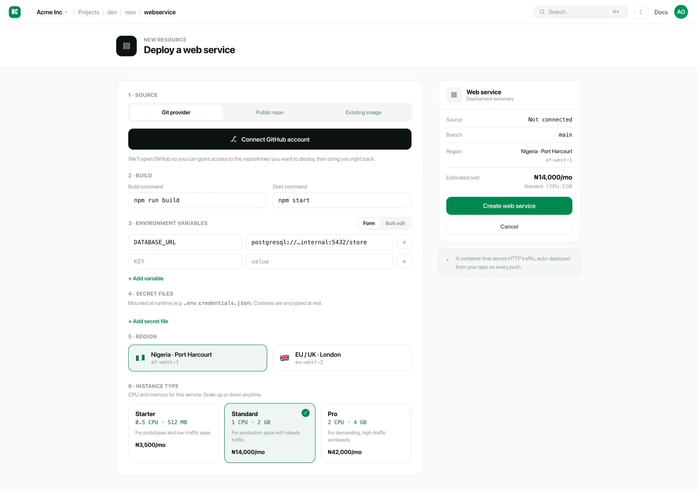 The deploy a web service form, with source, build, environment variables, region and instance type sections
