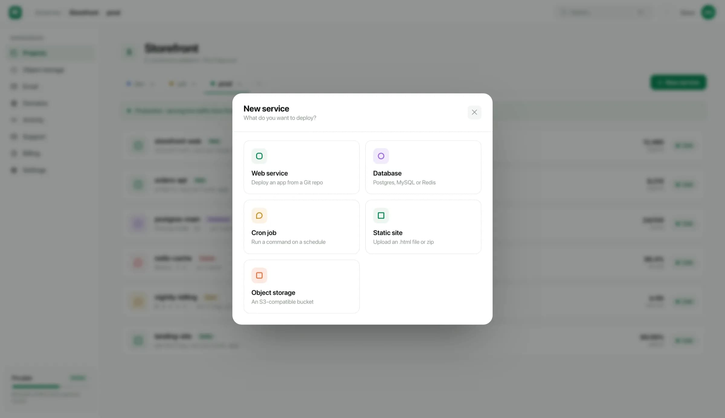 The new service dialog offering web service, database, cron job, static site and object storage