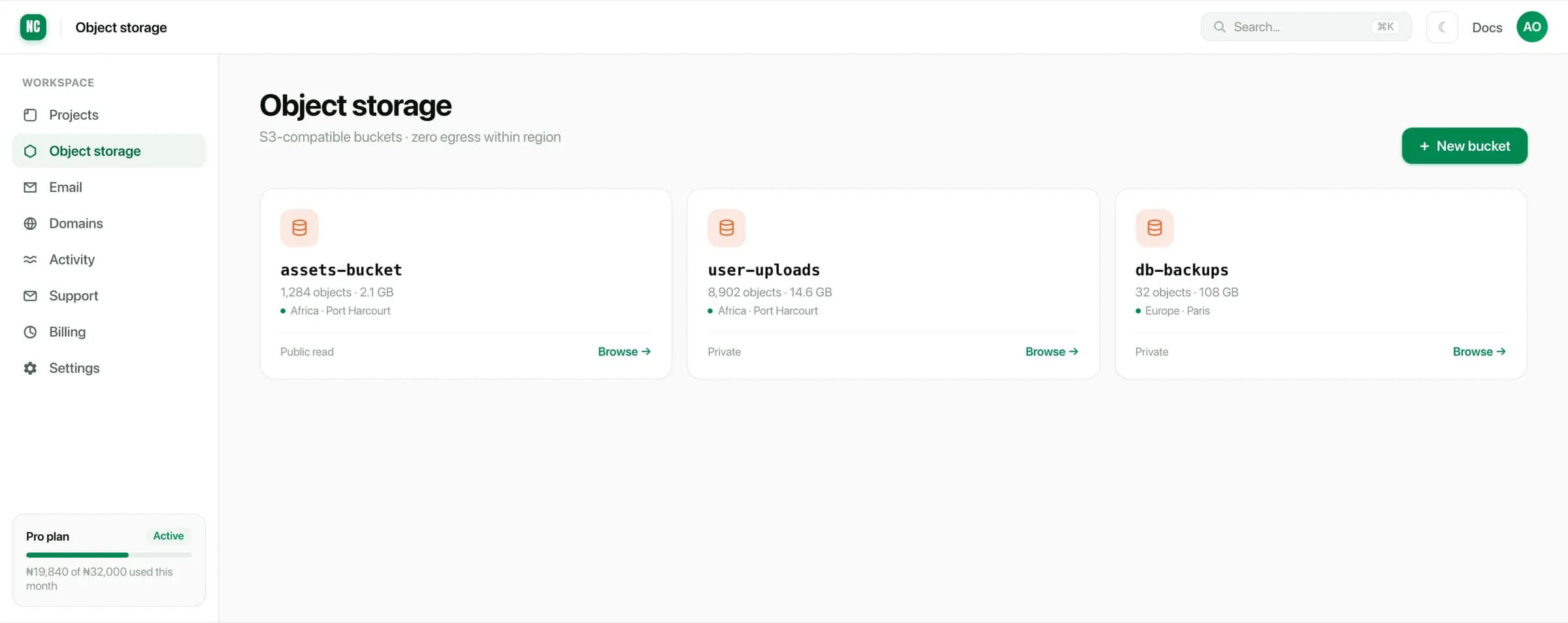 The object storage page listing buckets with their object counts, sizes, regions and access levels
