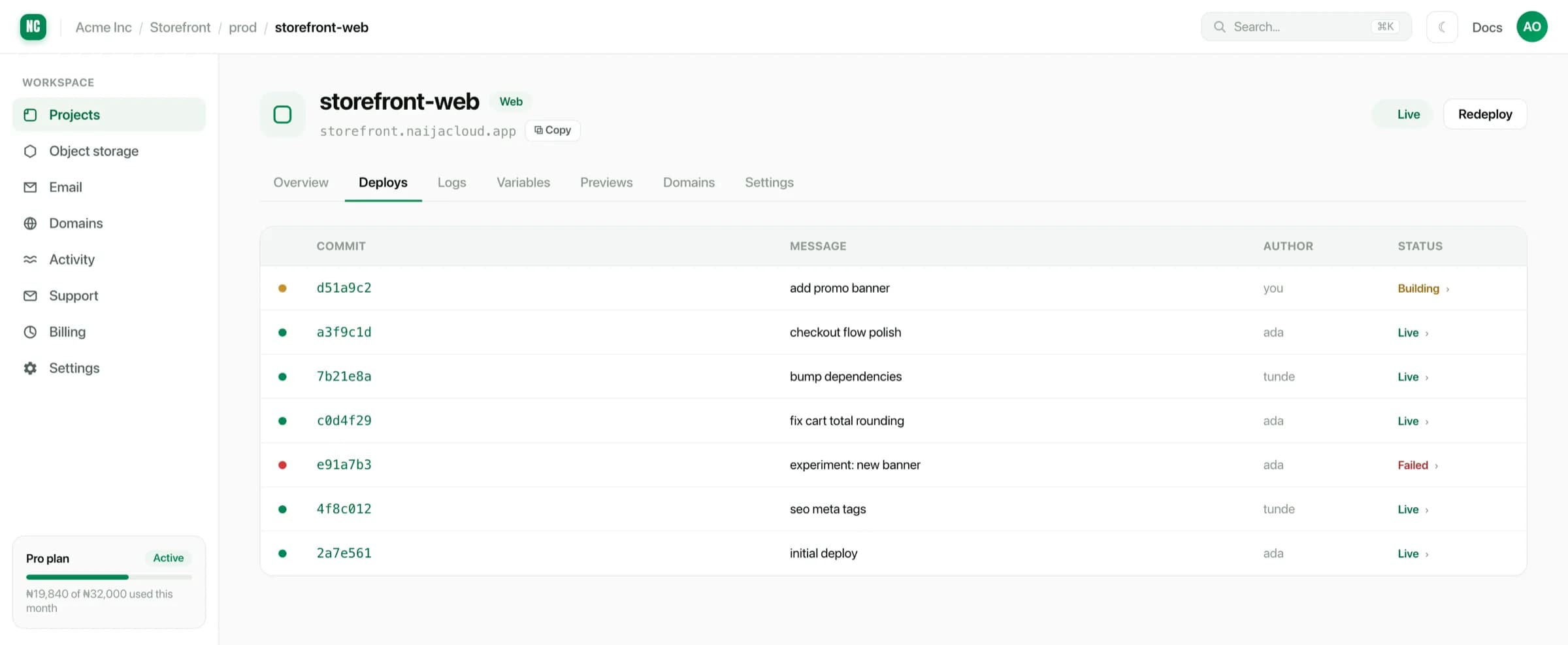 The deploys tab listing recent deploys with commit hashes, messages, authors and statuses