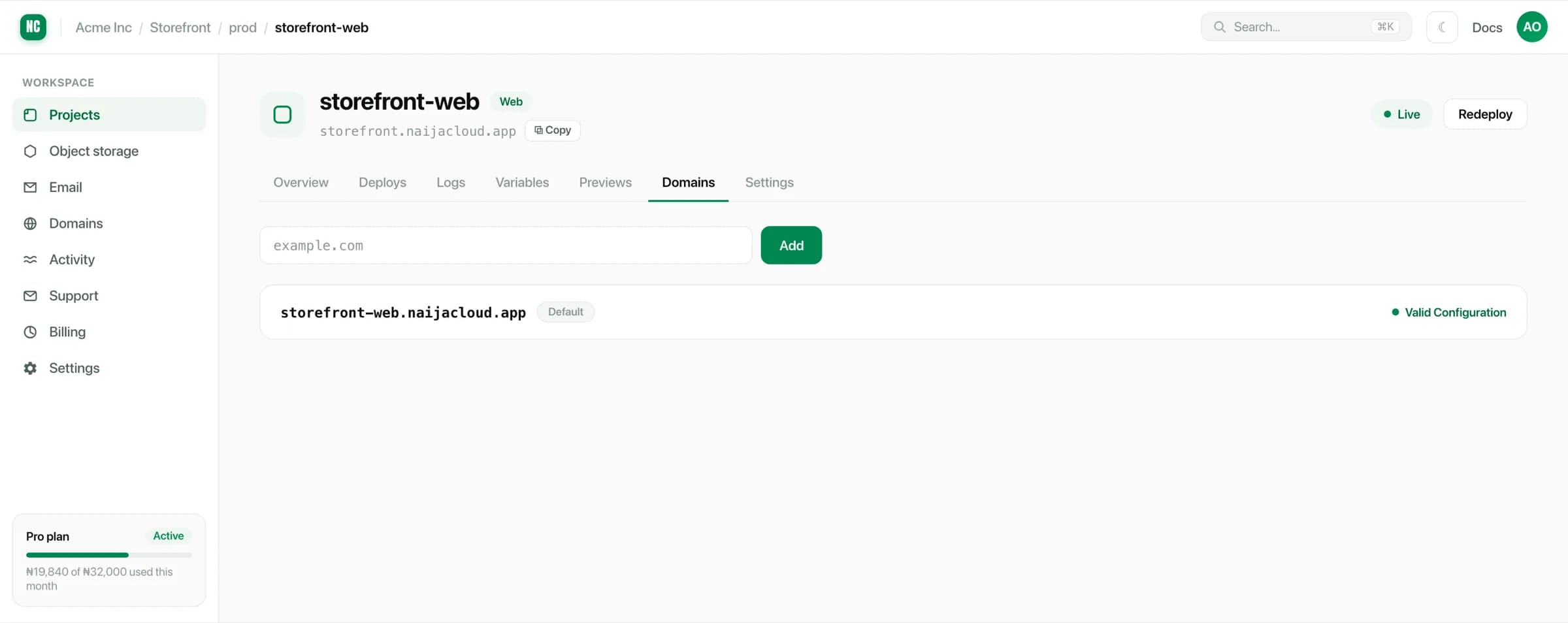 The domains tab of a service, showing its managed URL and a field to add a custom domain