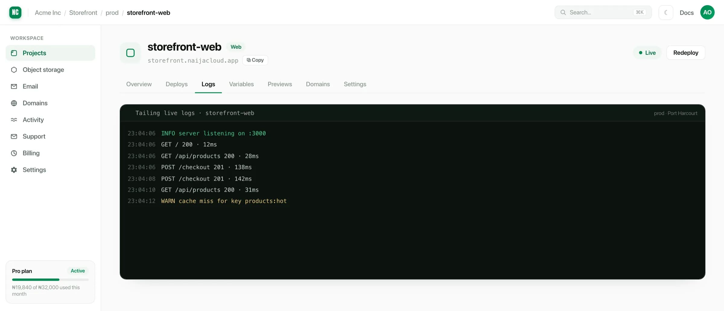Live build and runtime logs streaming for a service