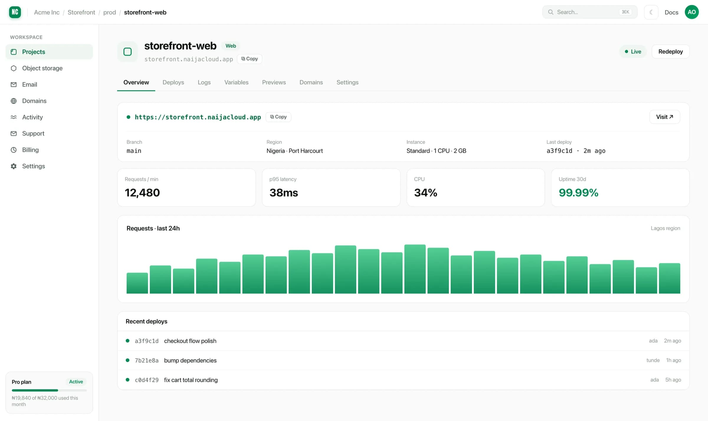 A live service overview showing its URL, region, instance type, request rate and recent deploys