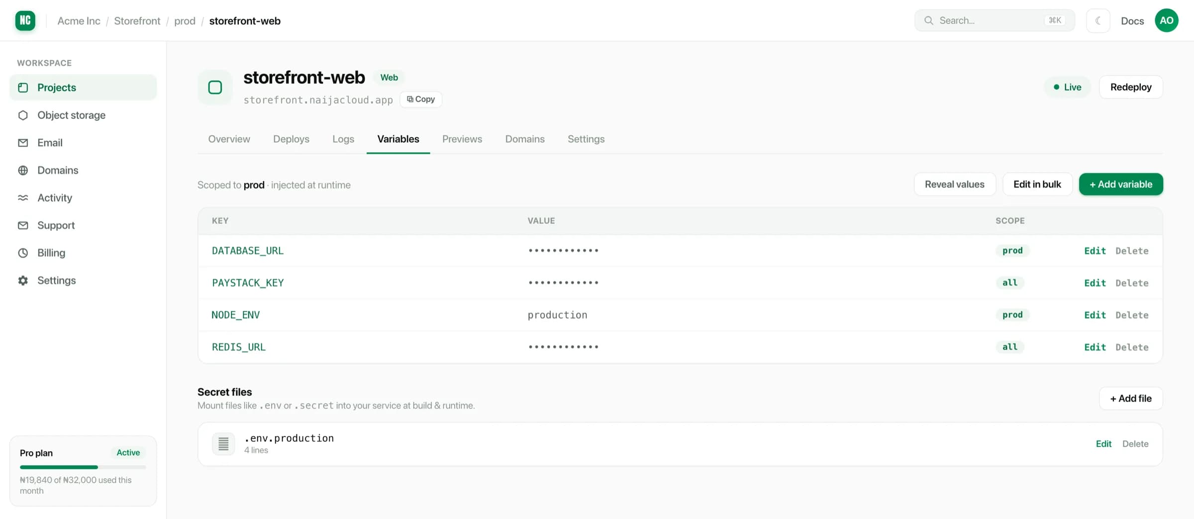 The variables tab of a service, listing environment variables and secret files with masked values