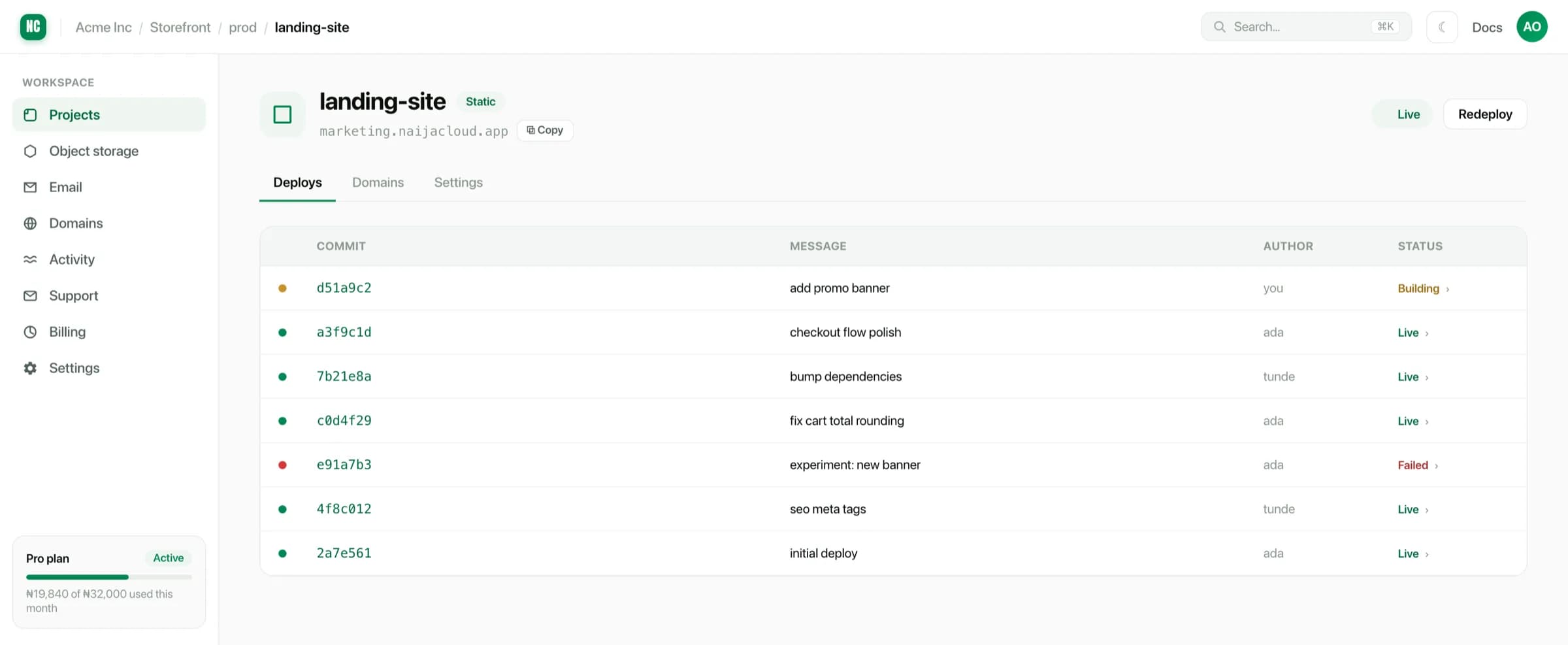 A deployed static site showing its URL and uptime